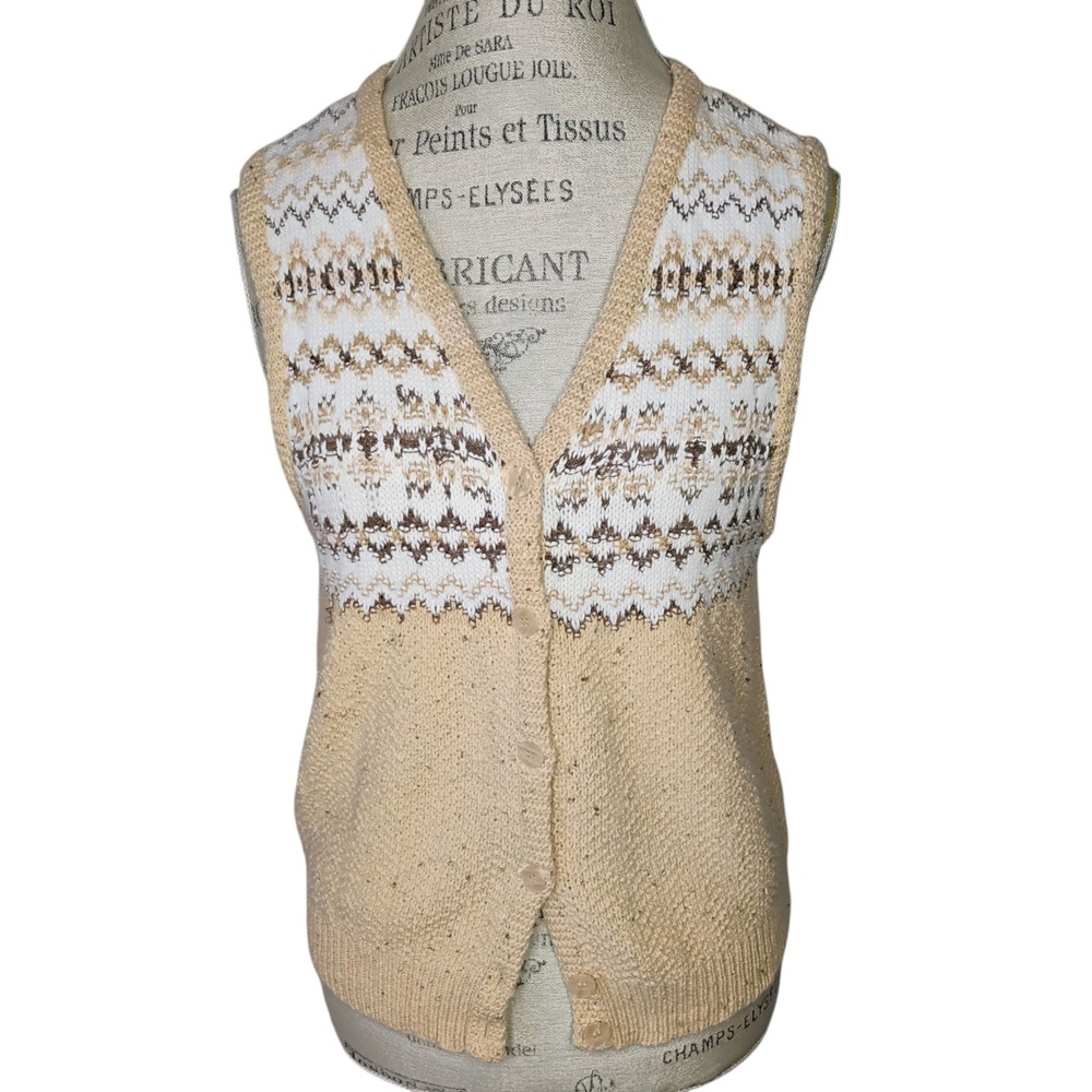 Vintage Liz Wear Cotton Sweater Vest Womens Sm Beige Cottagecore Light Academia